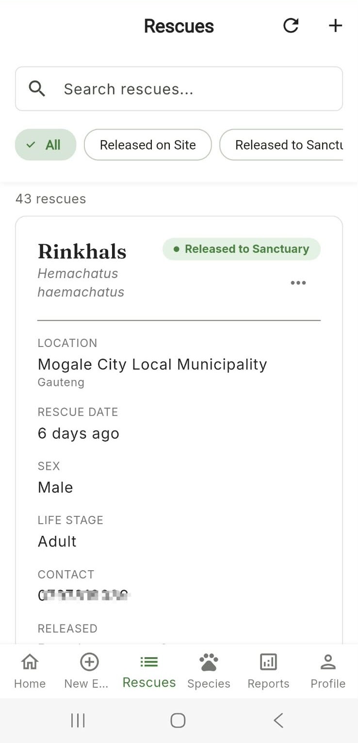 Rescues list screen of the Wildlife Rescue ZA app